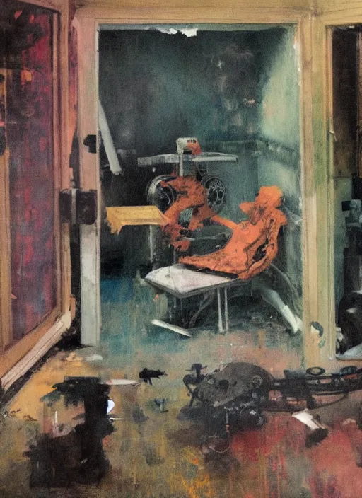 Prompt: two dark figures laughing inside a decayed Romanian motel room with large surgical machine in the middle, in the style of Adrian ghenie, and Francis bacon, part by Gerhard Richter, part Edward Hopper and part Norman Rockwell, highly detailed, very coherent, rich colours