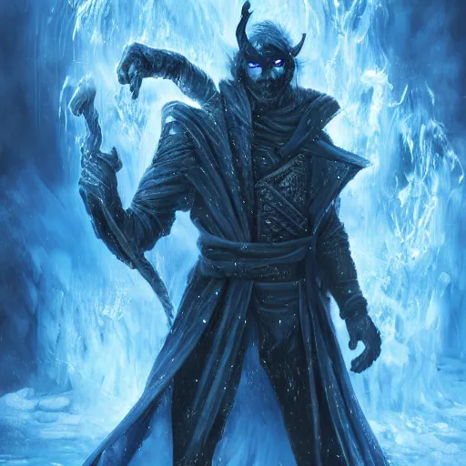 Image similar to a blue tiefling man wearing dark cloths frozen in ice and being shattering into a million pieces, action, cracked, destroyed, by Tony Sart, detailed, realistic, masterpiece, symmetrical