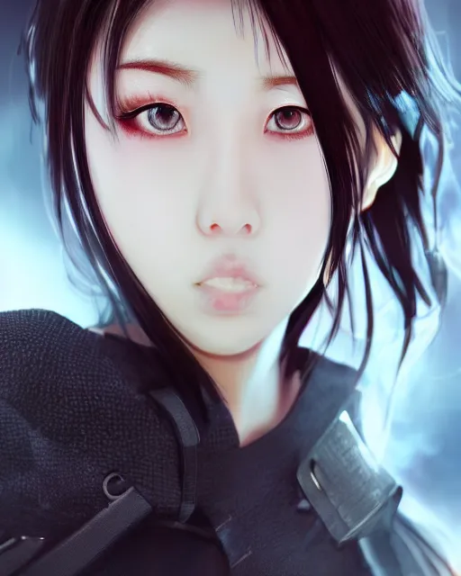 Image similar to official hd photo portrait of kpop idol girl closeup tired and angry by squareenix trending on artstation skeb pixiv cinematic backlit smoke noir technoir detailed