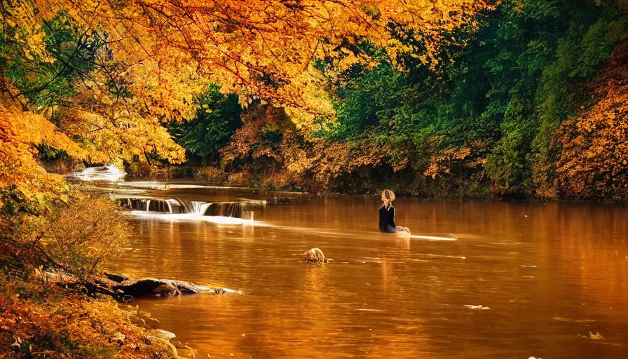 Prompt: a beautiful woman turning into a peaceful river, it's autumn and a gentle breeze is moving leaves around, cinematic lighting, establishing shot, art station