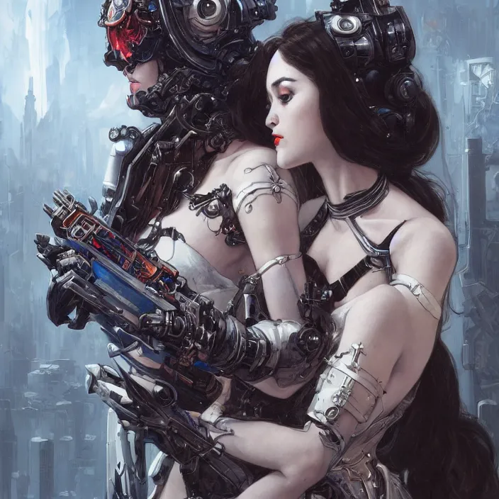 Image similar to portrait of two beautiful pale gothic cyborg maidens kissing, warhammer 40000, cyberpunk, intricate, elegant, highly detailed, digital painting, artstation, concept art, smooth, sharp focus, illustration, art by artgerm and greg rutkowski and alphonse mucha