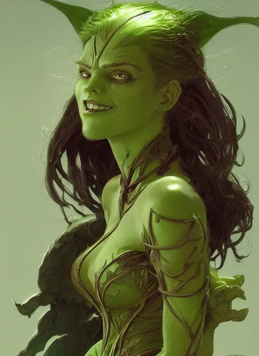 Image similar to a beautiful cute green goblin girl, D&D, fantasy, intricate, cinematic lighting, highly detailed, digital painting, artstation, concept art, smooth, sharp focus, illustration, art by Terry Moore and Greg Rutkowski and Alphonse Mucha
