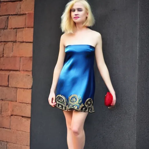 Image similar to beautiful cute blonde - haired blue - eyed female muppet wearing elegant silk dress and high - heels, lipstick