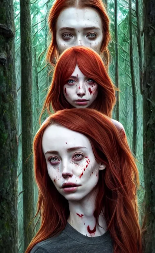 Prompt: surrounded by trees, full body realistic character concept, gorgeous Kacey Rohl, red hair, small freckles, Wendigo creature antlers deer skull face, symmetrical face, symmetrical eyes, covered in blood, dark forest, trees, shorter neck, cinematic lighting, Joshua Middleton and artgerm, fear anxiety terror