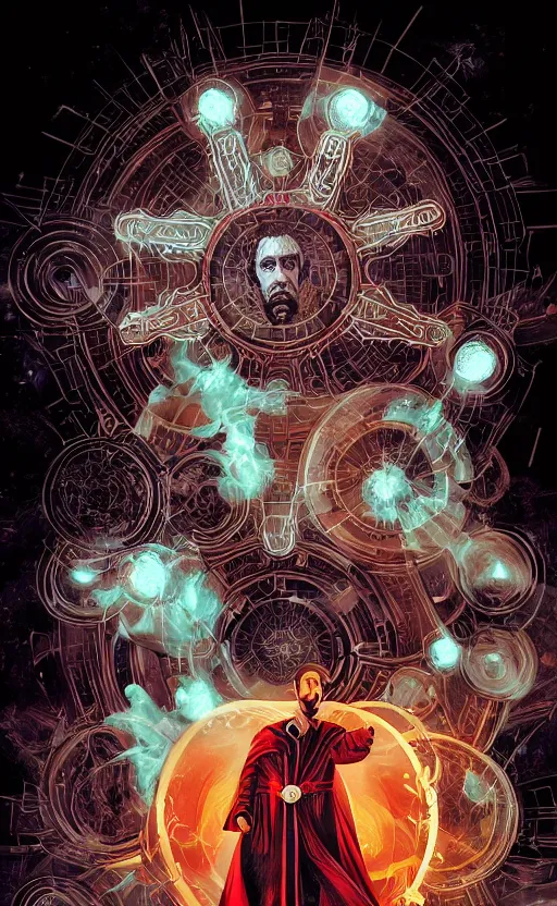 Image similar to nicolas cage as Doctor Strange, cinematic lighting, volumetric lighting, style of mcbess + Laurie Greasley, symmetric lights and smoke, , glowing particles, fractal smoke
