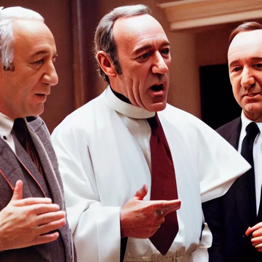 Image similar to jeffery epstein, bill cosby, and kevin spacey dressed up as catholic priests, speaking to a congregation in church, 8 k, realistic.