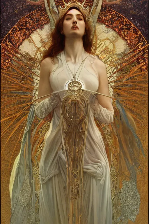 Image similar to a full body portrait of a beautiful ethereal delicate suzerain mage queen meditative sacral pose catholic stages of the cross, intricate, elegant, highly detailed, digital painting, artstation, concept art, smooth, sharp focus, illustration, art by krenz cushart and artem demura and alphonse mucha