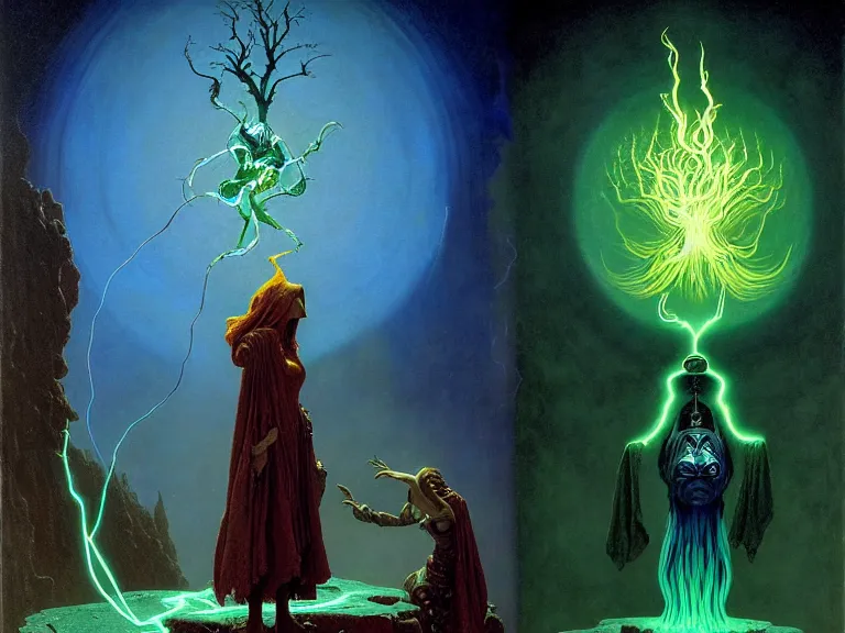 Image similar to the female arcanist and the male artificer by albert bierstadt and gerald brom and zdzisław beksinski and james gilleard, highly detailed, hyperrealistic, intricate, floating metallic objects, energy, electricity, blue flames, low light, glowing green crystals, high contrast