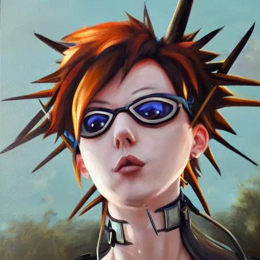 Image similar to oil painting of tracer overwatch in a field wearing spiked collar around neck, in style of martine johanna, expressive face, wearing choker with spikes, steel collar, detailed face, detailed eyes, full body, feminine face, tracer overwatch,