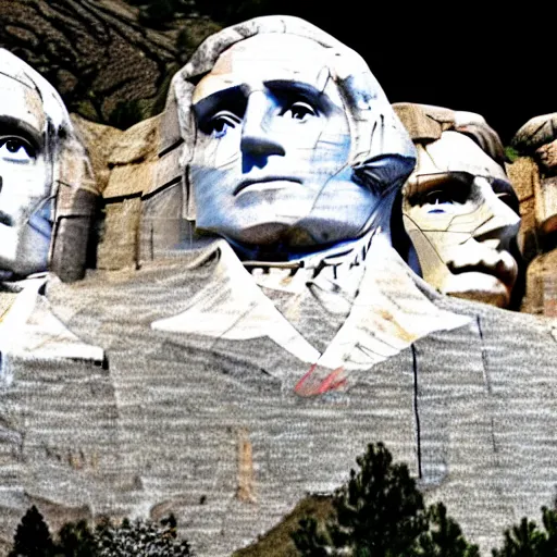 Prompt: a photo of mount rushmore after donald trump's face had been added. the photo depicts a distinguished - looking donald trump face carved into the stone at the mountain top