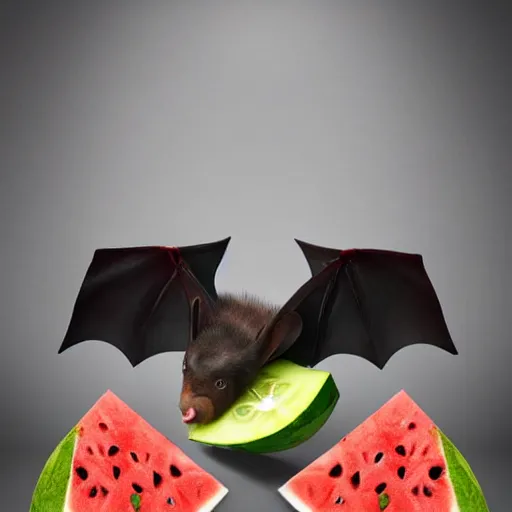 Image similar to very cute realistic fruit bat eats a triangle watermelon piece, digital art, high quality, illustration, art, detailed, 3 d render, unreal engine, clear colours, radiant light, sticker,