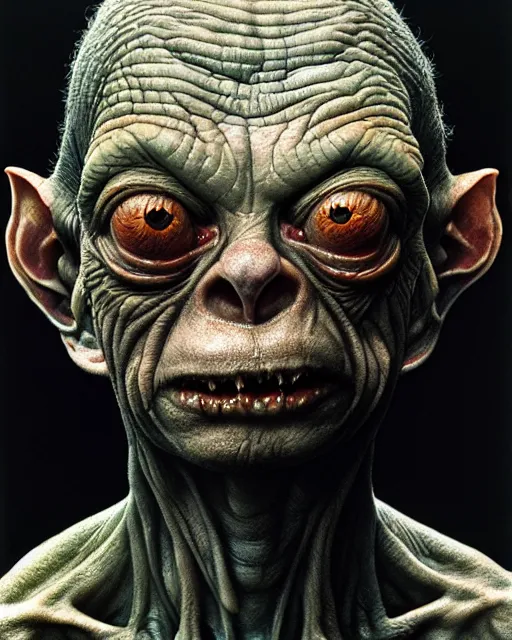 Image similar to gollum smeagol grotesque, ultra detailed, ultra realistic, by beksinski, alejandro jodorowsky, giger, greg rutkowski, carne griffith trending on artstation, deviantart, photorealism