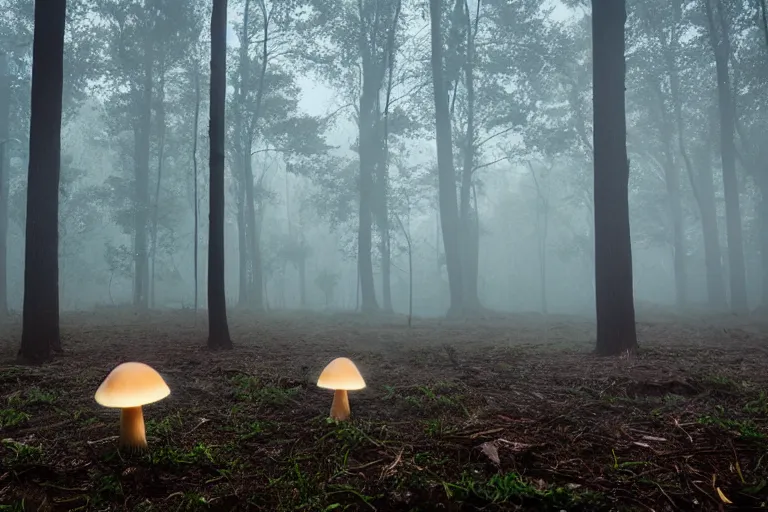 Prompt: Luminescent mushrooms in the forest, mysterious fog, wee hours, photo realism, Sony a7R