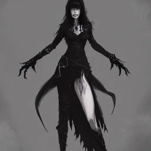 Prompt: female goth human vampire witch in the style of greg rutkowski, makoto shinkai, trending on artstation, character design, concept art, pretty face, forward facing, highly detailed, digital art