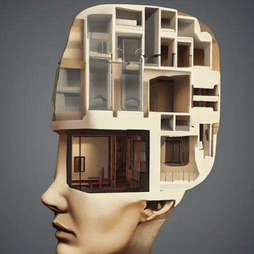 Image similar to cross section of human head with miniature living room inside, unreal engine, 12k