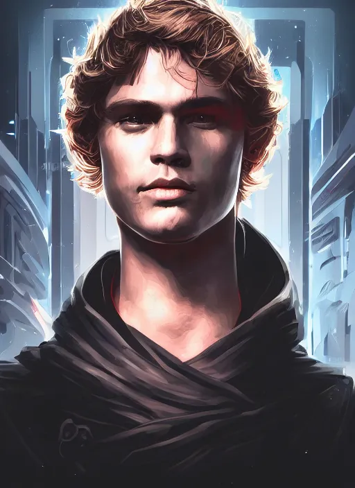 Image similar to a portrait of anakin skywalker with darkside corruption, cyberpunk, grim - lighting, high - contrast, intricate, elegant, highly detailed, digital painting, artstation, concept art, smooth, sharp focus, illustration