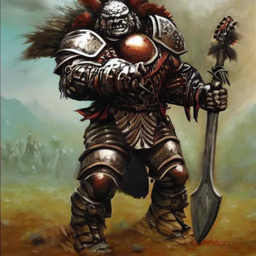 Prompt: ogre warrior wearing plated armor who is holding a battle axe in the style of warhammer fantasy : : head and torso oil painting