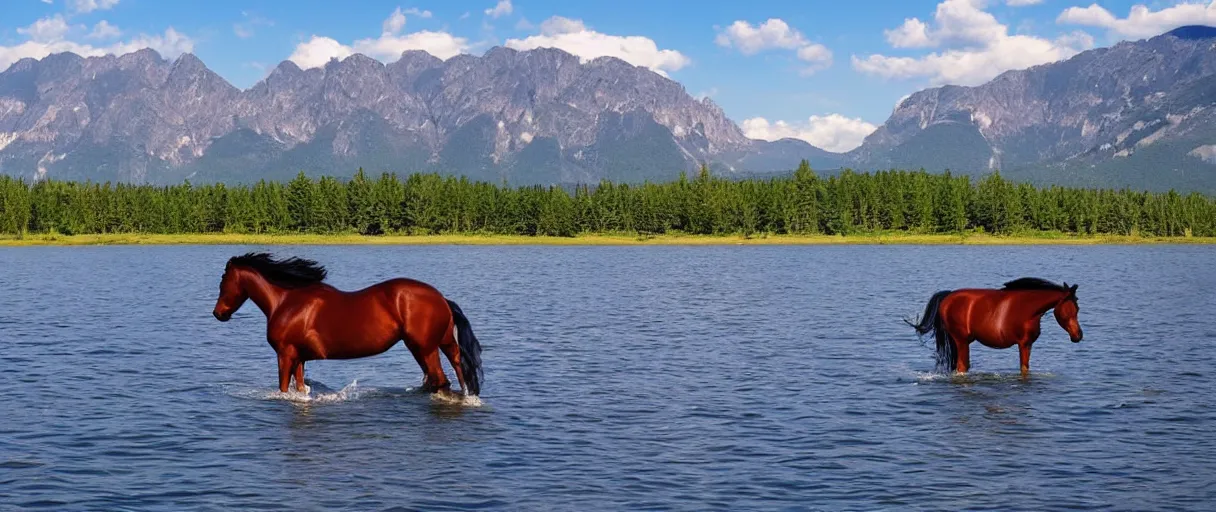 Image similar to horse swiming through large lake!!, mountains in the background, huge view panoramic, beautiful landscape
