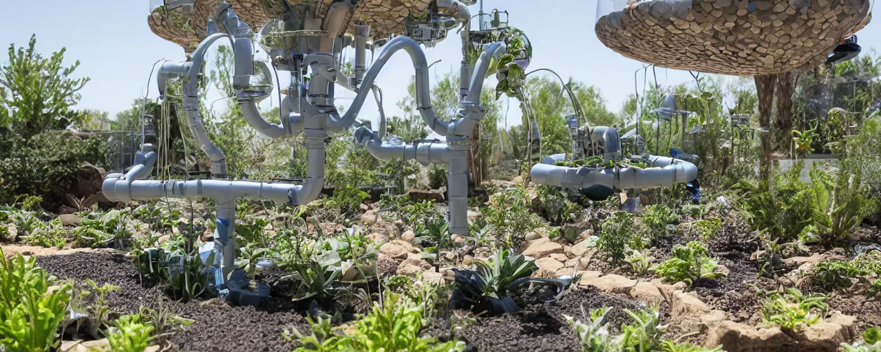 Prompt: water collection system at desert terraformation project, venus project, with snail-shaped biomimetic architecture, mini amphitheatre, mini lake, vertical vegetable gardens, robotic drones, XF IQ4, 150MP, 50mm, F1.4, ISO 200, 1/160s, natural light