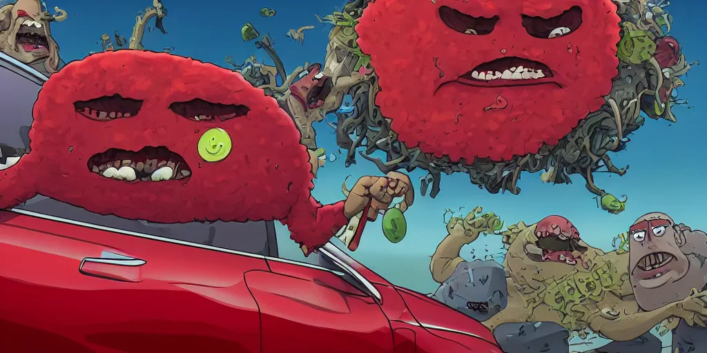 Prompt: Live action Aqua teen hunger force movie, meatwad is driving a tesla, Greg Rutkowski, Darek Zabrocki, Karlkka, Jayison Devadas, Phuoc Quan, trending on Artstation, 8K, ultra wide angle, pincushion lens effect.