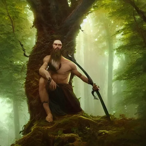 Prompt: beautiful portrait of a earth and nature god with brown hair and a husky beard holding a dark metal sword in the deep forest, oil painting by Greg Rutkowski and Charlie Bowater and Artgerm, unreal 5, DAZ, RPG Portrait, trending on artstation, dynamic lighting, late afternoon lighting, forest, green theme, afternoon light