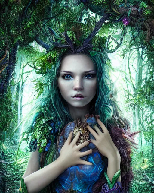 Image similar to portrait high definition photograph cute girl fantasy character art, hyper realistic, pretty face, hyperrealism, iridescence water elemental, snake skin armor forest dryad, woody foliage, 8 k dop dof hdr fantasy character art, by aleski briclot and alexander'hollllow'fedosav and laura zalenga
