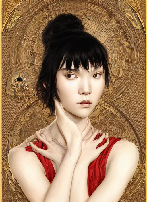 Image similar to symmetry!! portrait of tao okamoto in the style of lord of the rings, machine face, intricate, elegant, highly detailed, digital painting, artstation, concept art, smooth, sharp focus, illustration, art by artgerm and greg rutkowski and alphonse mucha, 8 k