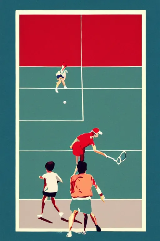 Image similar to an illustration of a tennis match by Oliver Jeffers. Screen Printed. Paper texture