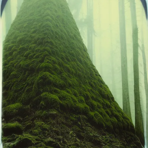 Image similar to a mossy rock pyramid in the middle of a forest clearing, foggy, eerie, creepy, unsettling, lost footage, old polaroid, expired film,