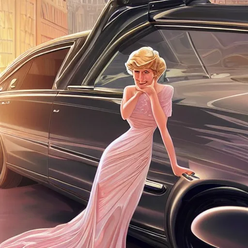 Image similar to Princess Diana standing next to a Mercedes-Benz W140, highly detailed, digital painting, artstation, concept art, smooth, sharp focus, illustration, art by artgerm and alphonse mucha, high definition digital art, in the style of Ross tran and ilya kuvshinov