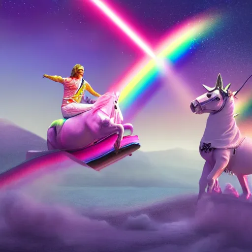 Prompt: beautiful matte painting, rainbow colored pink pink darth vader costume wearing pink wearing pink, riding a unicorn, riding a unicorn, riding a unicorn over a glittering rainbow in space by lisa frank and dan mumford, octane render, HDR, vivid color, volumetric lighting, unreal engine, concept art, CGsociety, trending on artstation