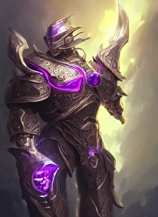 Image similar to a highly detailed illustration of futuristic cyber knight with flaming plume, rigid bulky armor, glowing purple line cracks in armor, dramatic standing pose, intricate, elegant, highly detailed, centered, digital painting, artstation, concept art, smooth, sharp focus, league of legends concept art, WLOP