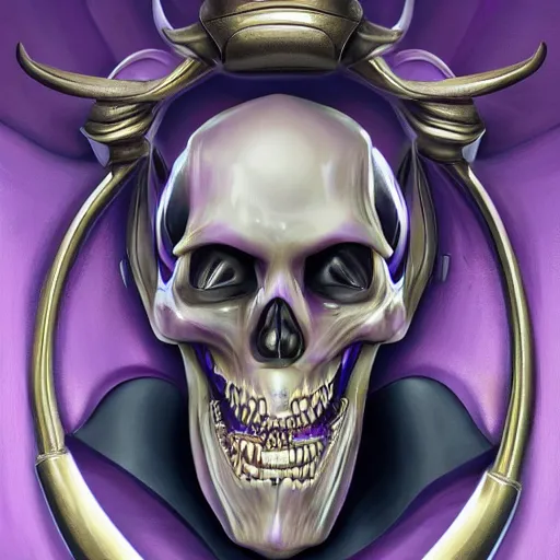 Image similar to a detailed portrait of a fancy skeleton with expressive features and metallic teeth, metal teeth, longshot, full portrait, skeleton in a suit, purple glowing eyes, fantasy art