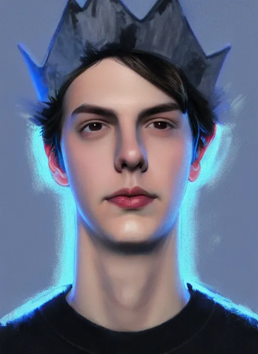 Image similar to portrait of teenage jughead jones wearing a light grey crown, crown, blue turtleneck, closed eyes, photorealistic, black hair, glowing lighting, intricate, elegant, glowing lights, highly detailed, digital painting, artstation, concept art, smooth, sharp focus, illustration, art by wlop, mars ravelo and greg rutkowski