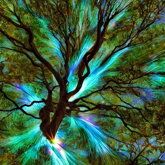 Image similar to crystal oak tree, phosphorescent skin, nacreous flare