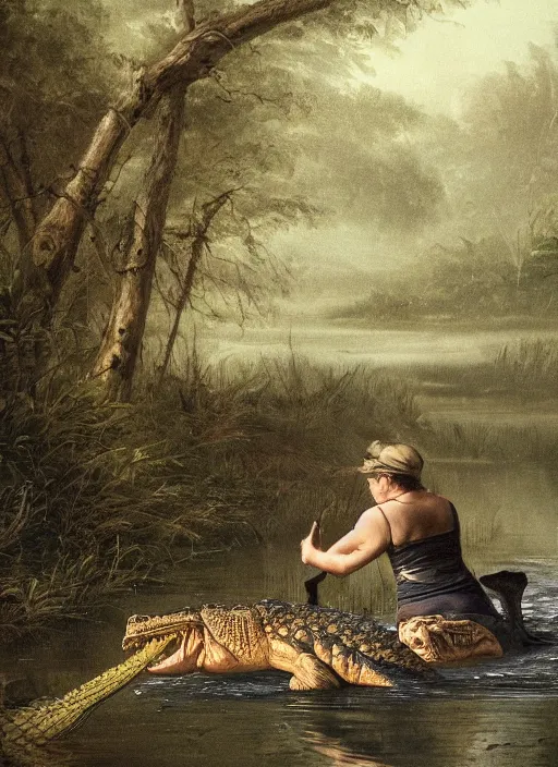 Image similar to a woman fighting against a crocodile in a swamp , soft lighting