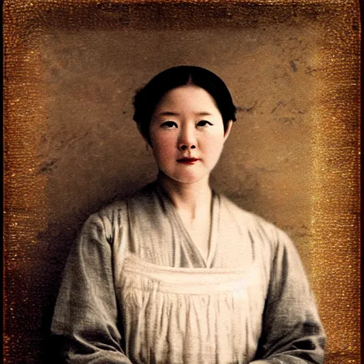 Prompt: lee young ae, as a european peasant woman., film grain, gamma camera, edison blurb lights canvas, artwork by camille corot