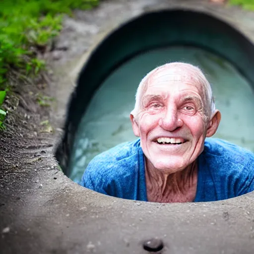 Prompt: a poorly lit smiling old man in a sewer