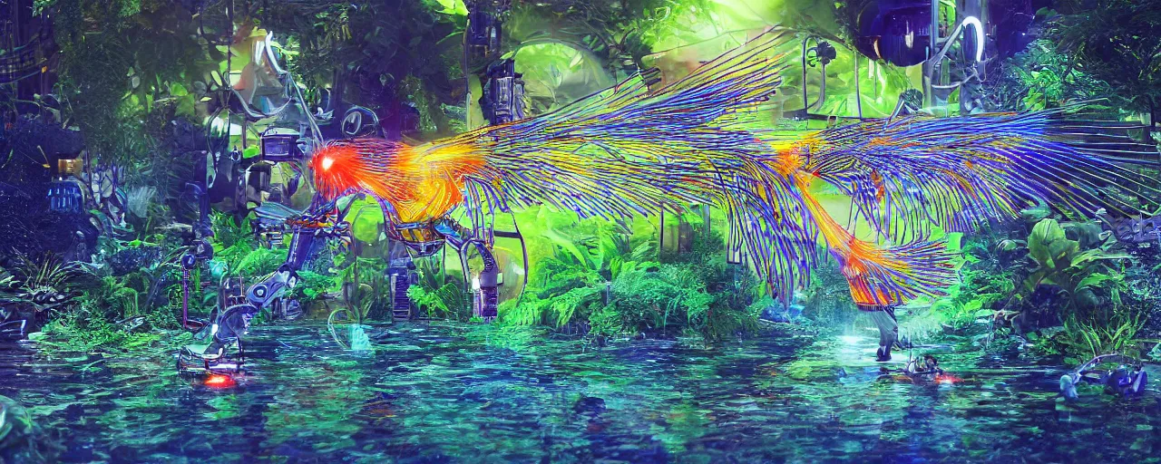 Prompt: cybernetic electric neon kingfisher close to a robotic bio organic pond full of compostables wires and bio degradable objects. Hyper realistic, hyper detailed.