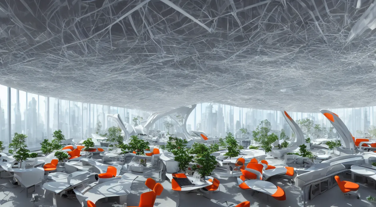 Image similar to futuristic open office with parks and plants, glowing computer screens, made with glossy white plastic and large windows and voluminous light and light rays, extremely intricate, very detailed, in style of zaha hadid, artstation, octane render, with red and orange highlights, cinematic lighting