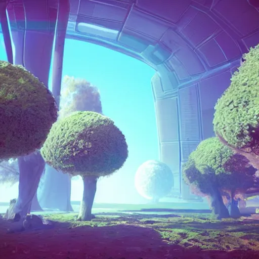 Image similar to retro futuristic realistic 3d environment, trees, featured on artstation