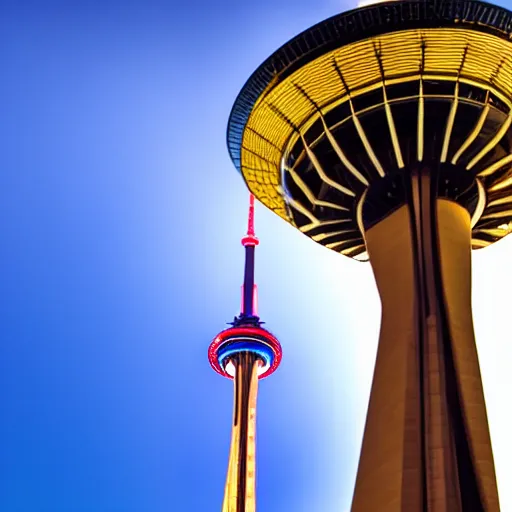 Image similar to Toronto tourist guide with planet mars as a head on Toronto space needle, dramatic cinematic lighting