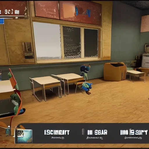 Prompt: screenshot of video game call of duty, inside elementary school, children are sat down at their desks learning