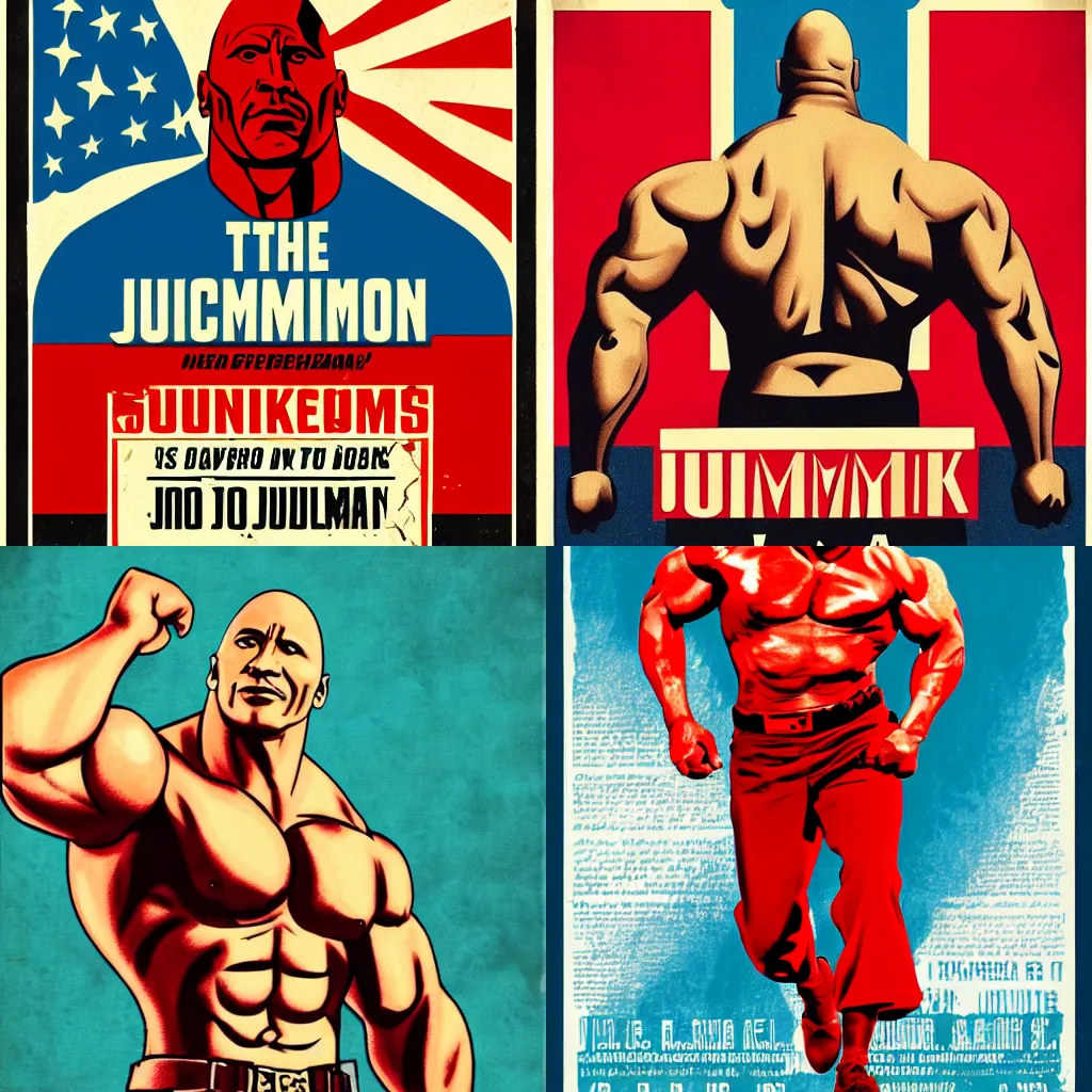 Prompt: communist Propaganda poster Dwayne The Rock Johnson full body