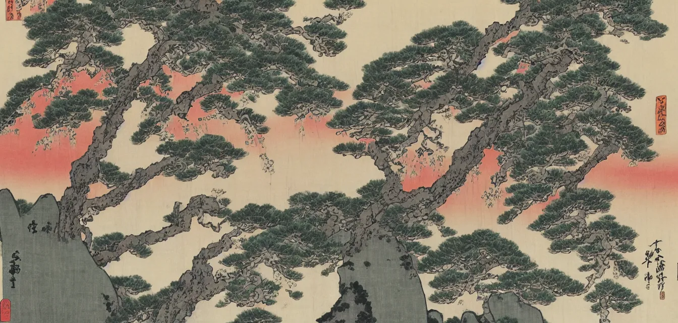 Prompt: sakuras, taoist monks and temples in huangshan, artwork by katsushika hokusai and utagawa hiroshige on old parchment