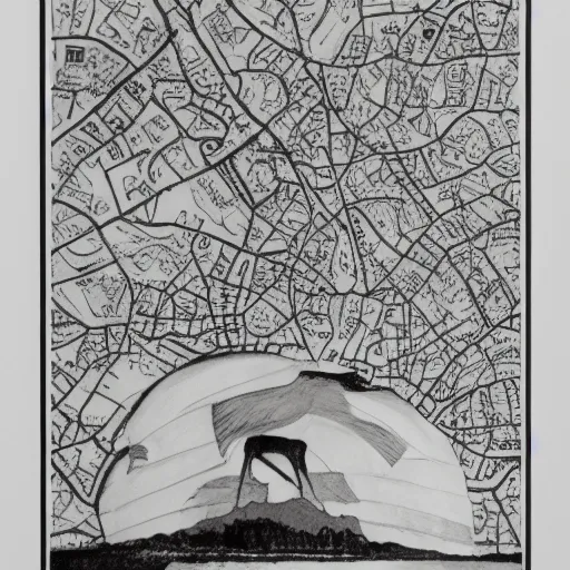 Image similar to a perfect circle, the outer edge of the circle is the silhouette of a city skyline, black and white, minimalist, in the style of a line drawing