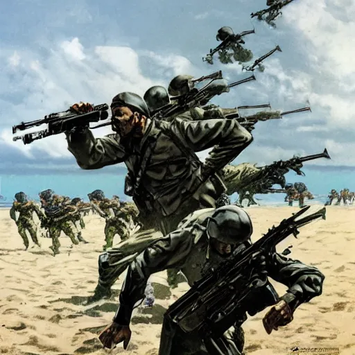 Image similar to Dinosaur soldiers storming Normandy beach in World War II, Yoji Shinkawa