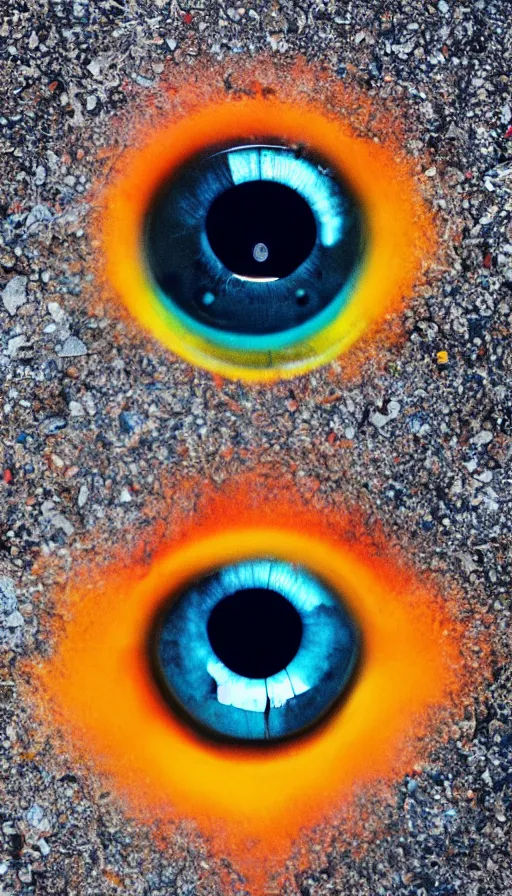 Prompt: photo of a human eye open on an asphalt road, realistic photo, shot with a gopro, looming, colorful, eerie