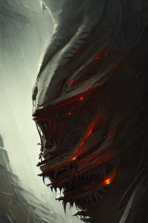 Image similar to professional concept art symmetric portrait of a terrifying! mechanical! predatory fractal! species in a dark room by artgerm and greg rutkowski. an intricate, elegant, highly detailed digital painting, concept art, smooth, sharp focus, illustration, in the style of cam sykes.