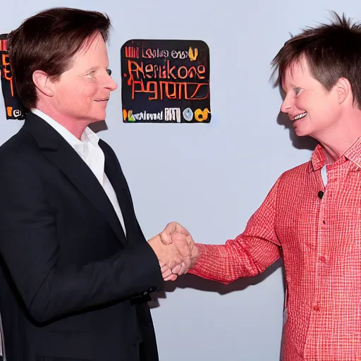 Prompt: Michael J. Fox shakes hands with Michael J. Fox